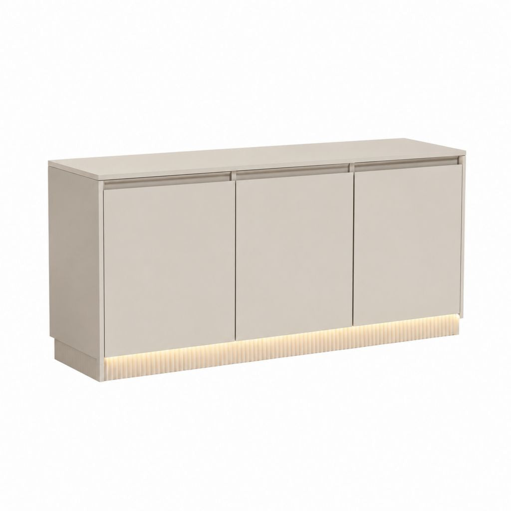 Meuble TV 3 portes beige en panneaux MDF rectangulaire avec éclairage LED 160 x 40 x 75 cm