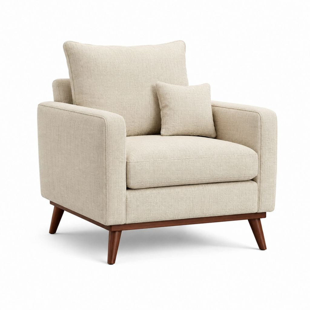 Fauteuil salon 1 place beige en polyester avec pieds en bois massif 90 x 88 x 88 cm