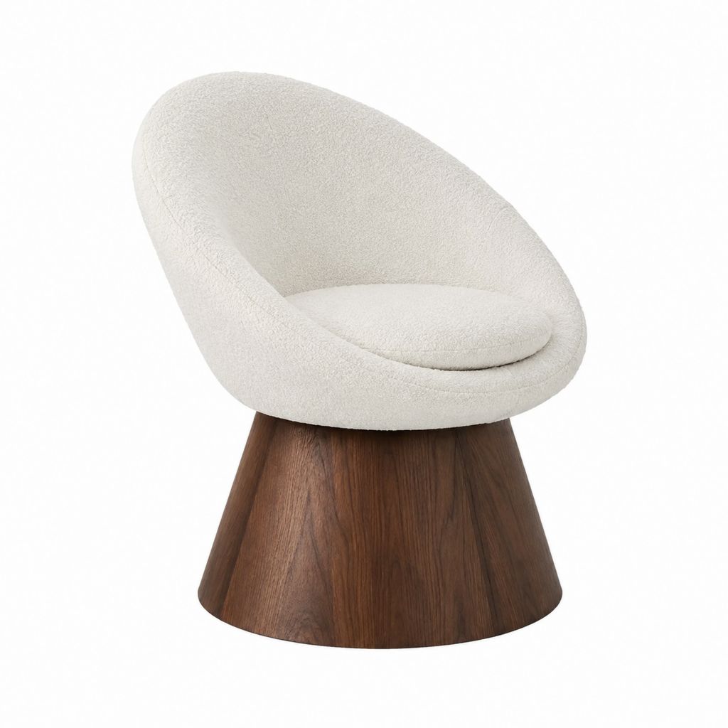 Fauteuil pivotant crème en tissu bouclette polyester avec base en placage noyer 75 x 70 x 78 cm