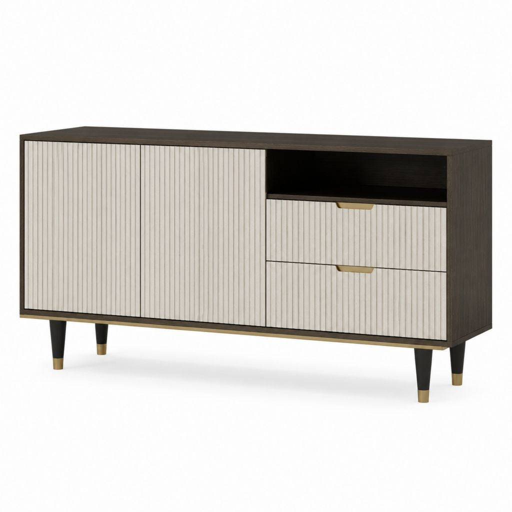 Meuble TV 160 x 40 x 75 cm noyer foncé et beige en panneaux MDF avec 2 portes et 2 tiroirs