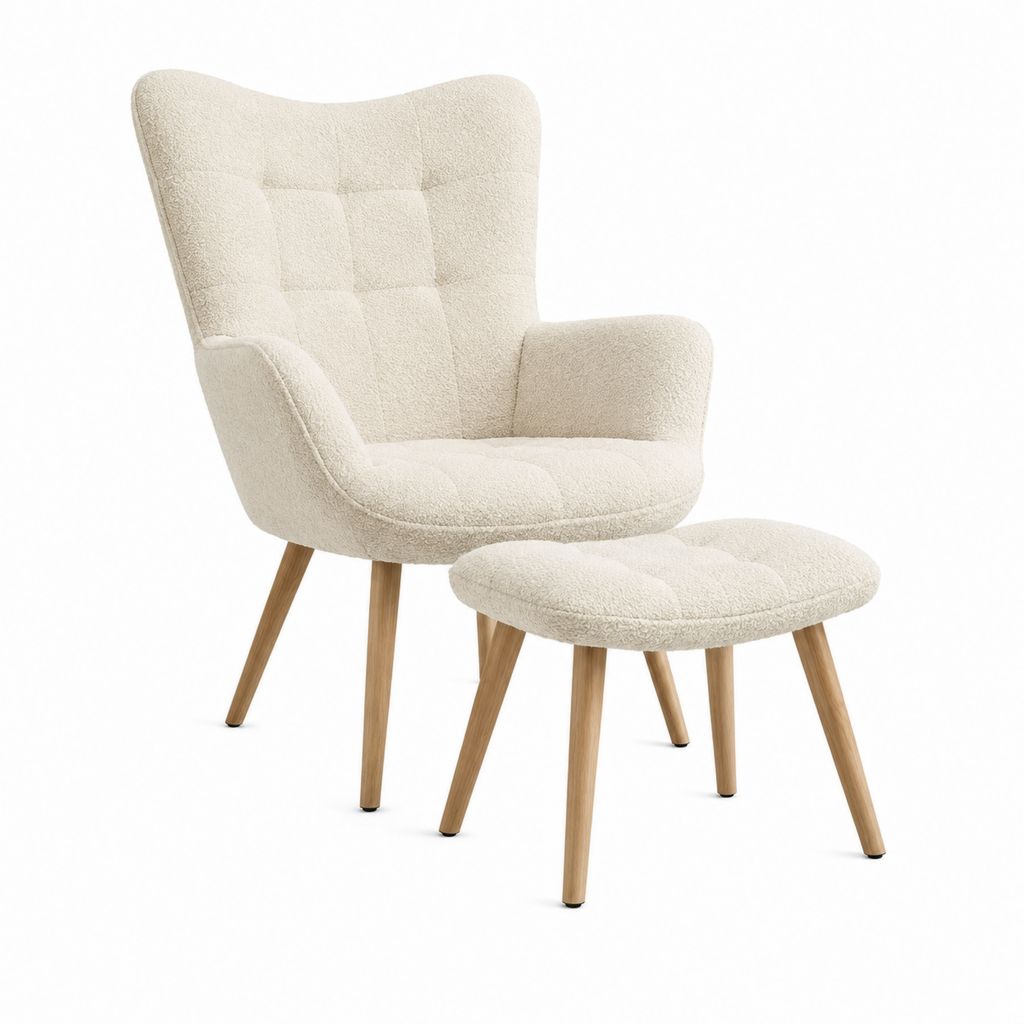 Fauteuil lounge avec repose-pieds crème en polyester bouclette et bois massif 75 x 80 x 103 cm