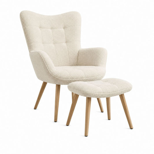 Fauteuil lounge avec repose-pieds crème en polyester bouclette et bois massif 75 x 80 x 103 cm