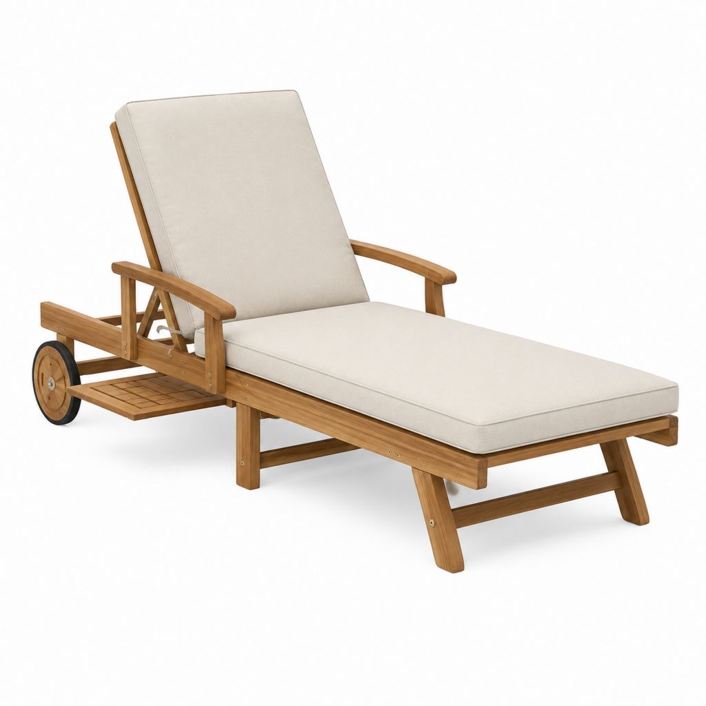 Bain de soleil à roulettes en acacia massif beige avec coussin 200 x 65 x 35 cm