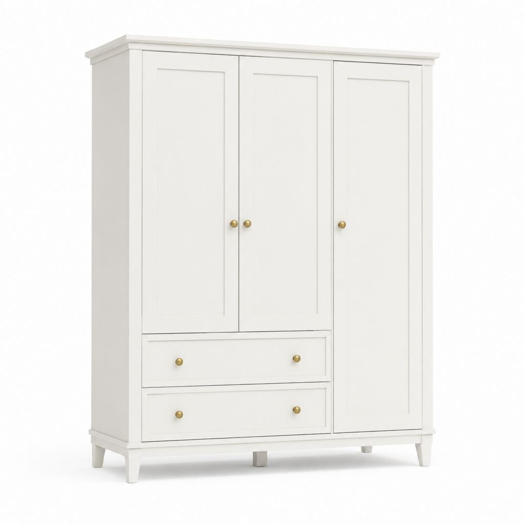 Armoire penderie blanche en panneaux MDF à 3 portes et 2 tiroirs 150 x 55 x 200 cm