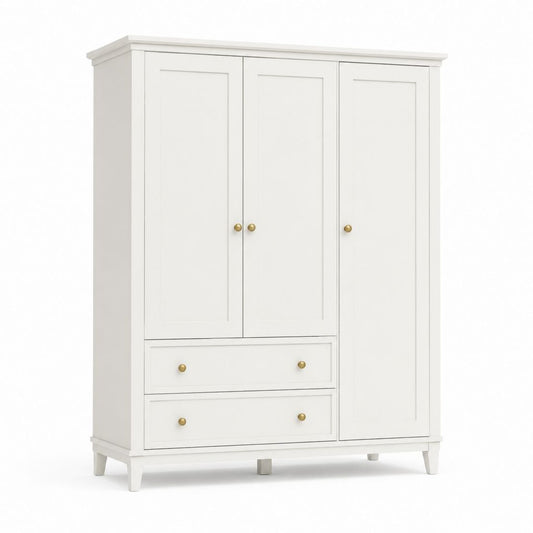 Armoire penderie blanche en panneaux MDF à 3 portes et 2 tiroirs 150 x 55 x 200 cm