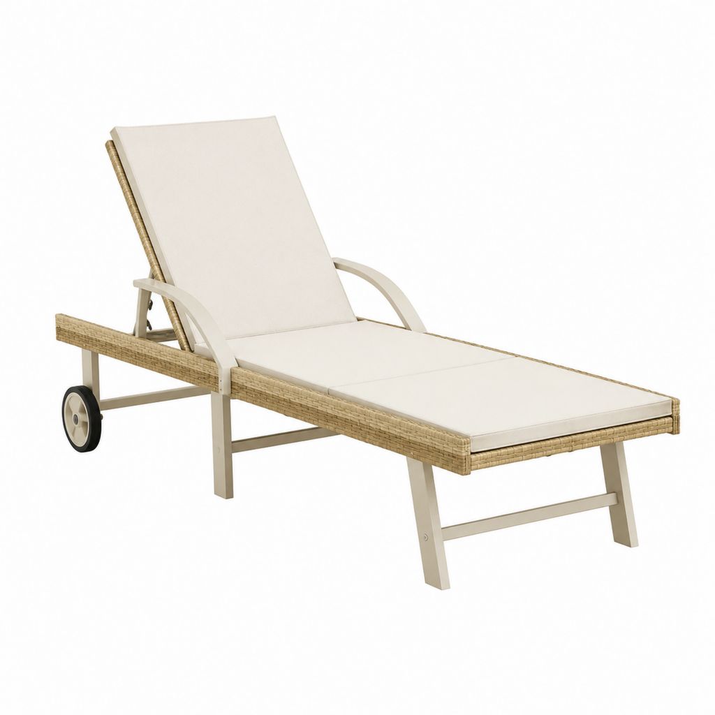 Bain de soleil à roulettes beige en aluminium et rotin PE avec coussin 200 x 65 x 88 cm