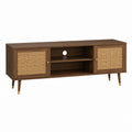 Meuble TV 160 cm marron noyer MDF plaqué cannage en rotin rectangulaire 2 portes