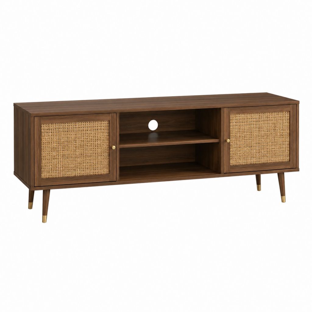 Meuble TV 160 cm marron noyer MDF plaqué cannage en rotin rectangulaire 2 portes