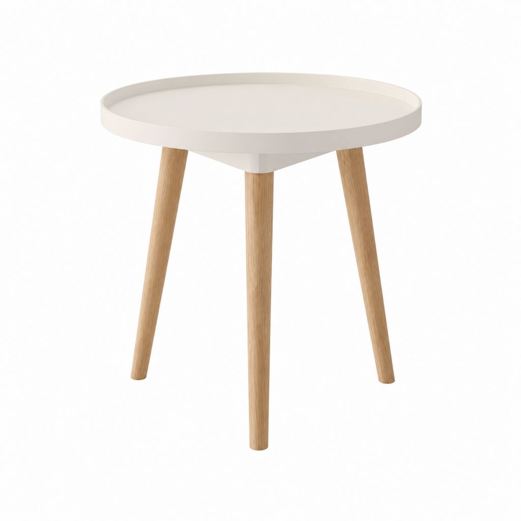 Table d’appoint ronde blanche et chêne massif avec plateau à rebord Ø 50 x H 55 cm