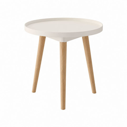 Table d’appoint ronde blanche et chêne massif avec plateau à rebord Ø 50 x H 55 cm