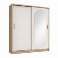 Armoire à portes coulissantes blanc et chêne avec miroir ovale en verre 200 x 180 x 60 cm