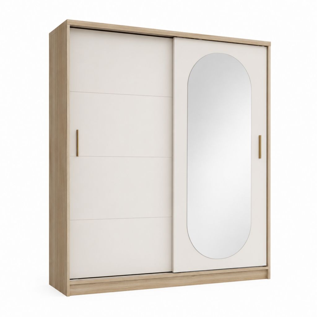 Armoire à portes coulissantes blanc et chêne avec miroir ovale en verre 200 x 180 x 60 cm