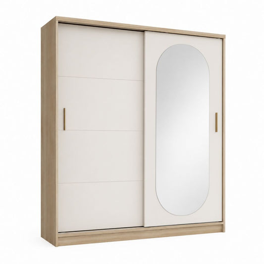 Armoire à portes coulissantes blanc et chêne avec miroir ovale en verre 200 x 180 x 60 cm