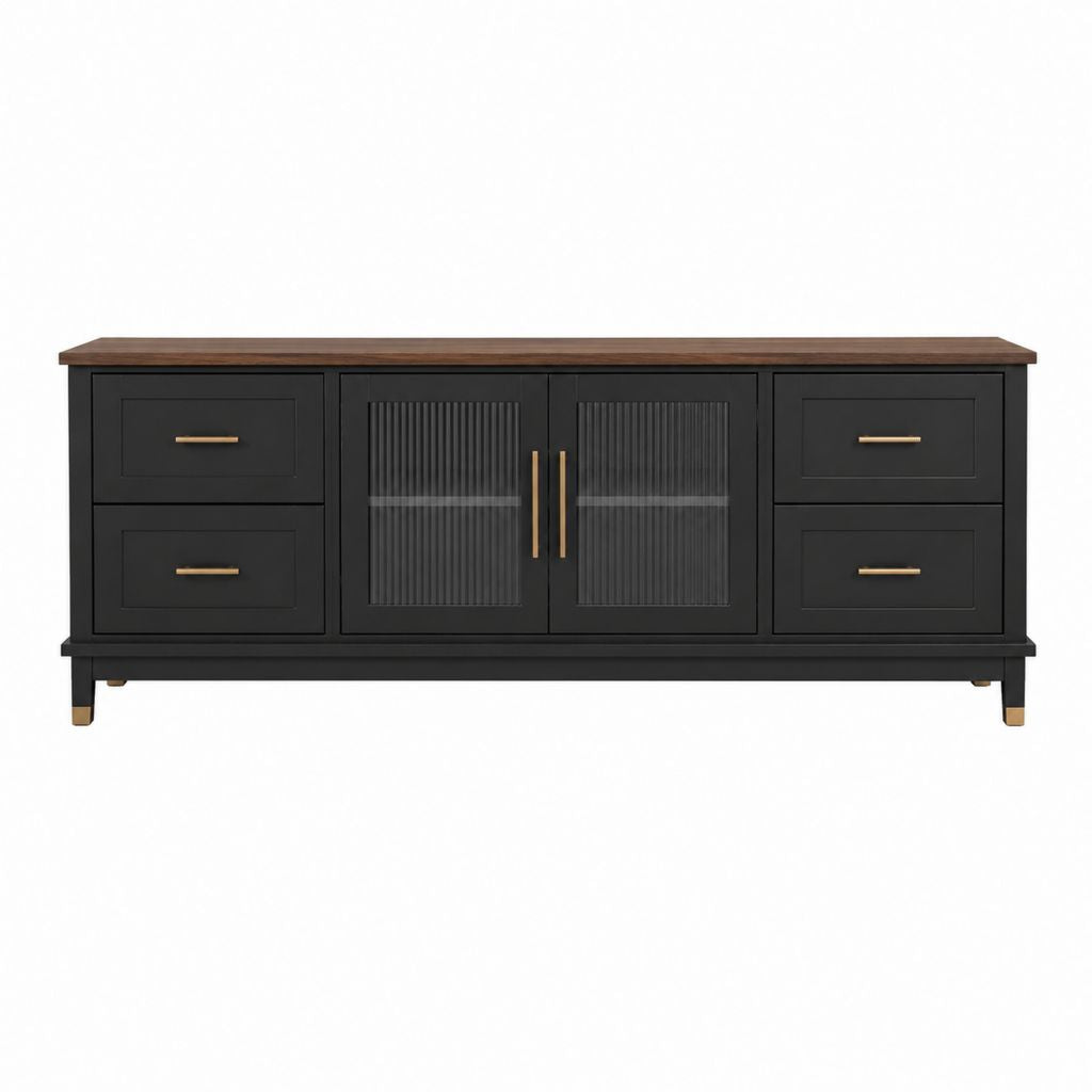 Meuble TV rectangulaire noir en MDF avec 4 tiroirs et 2 portes vitrées 180 x 40 x 75 cm