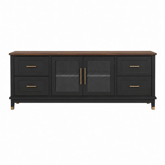 Meuble TV rectangulaire noir en MDF avec 4 tiroirs et 2 portes vitrées 180 x 40 x 75 cm