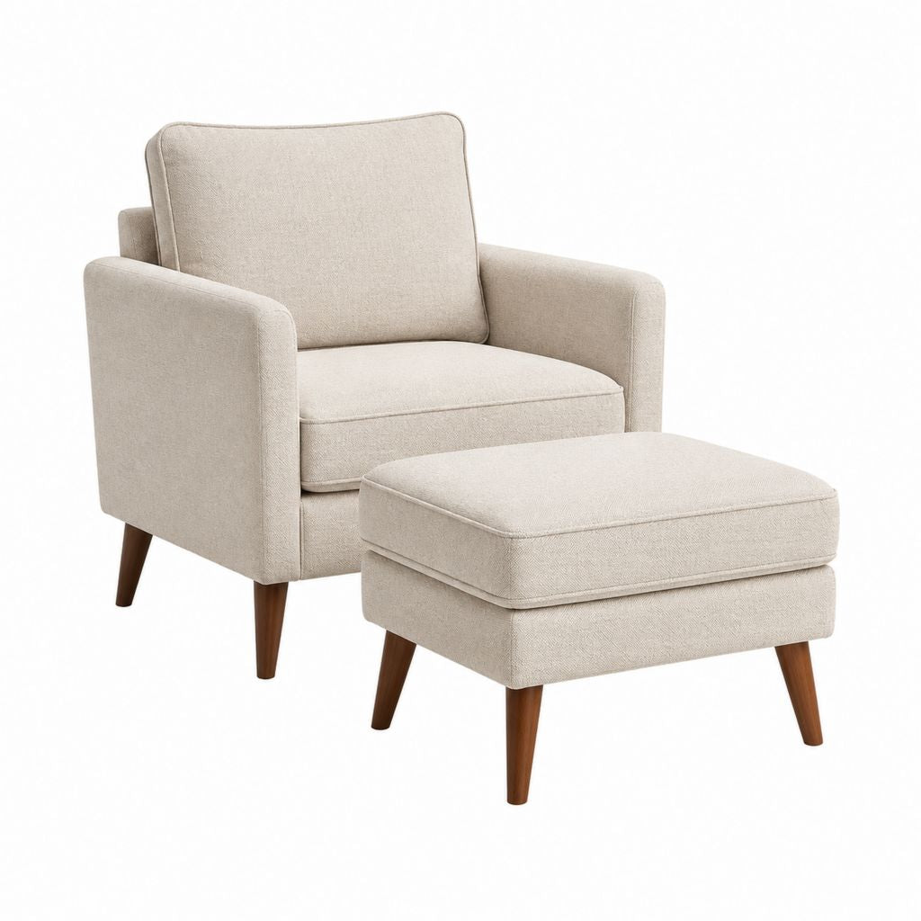 Fauteuil beige avec repose-pieds rectangulaire en polyester pieds en bois massif fauteuil 76 x 82 x 90 cm repose-pieds 60 x 45 x 43 cm