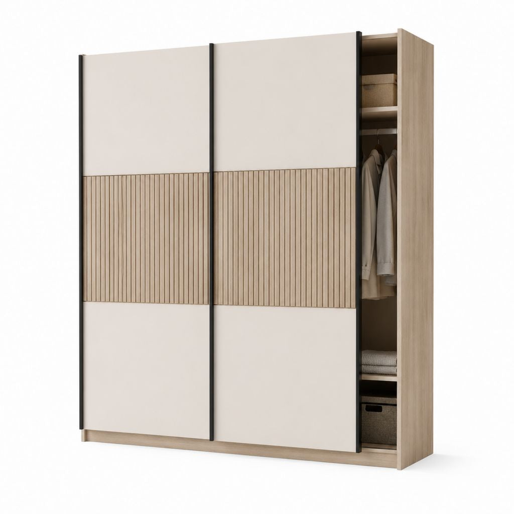Armoire 3 portes coulissantes beige et chêne clair en panneaux de particules 200 x 60 x 220 cm