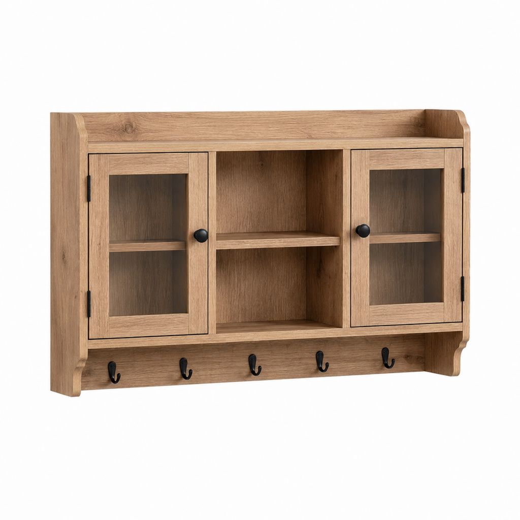 Armoire murale rectangulaire 100 x 20 x 60 cm décor chêne en panneaux de particules avec portes vitrées et 5 crochets