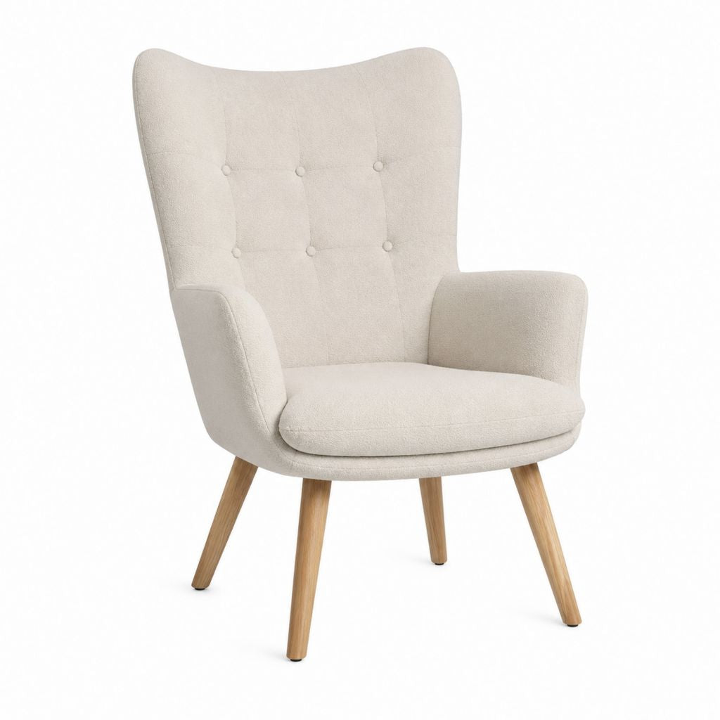 Fauteuil à oreilles beige en polyester avec pieds en bois massif 72 x 82 x 90 cm