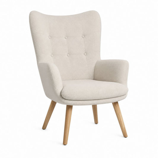 Fauteuil à oreilles beige en polyester avec pieds en bois massif 72 x 82 x 90 cm