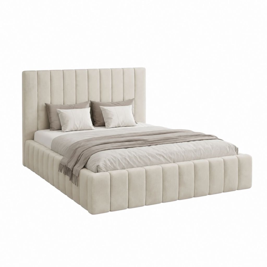 Lit coffre 160 x 200 cm beige en polyester avec tête de lit capitonnée